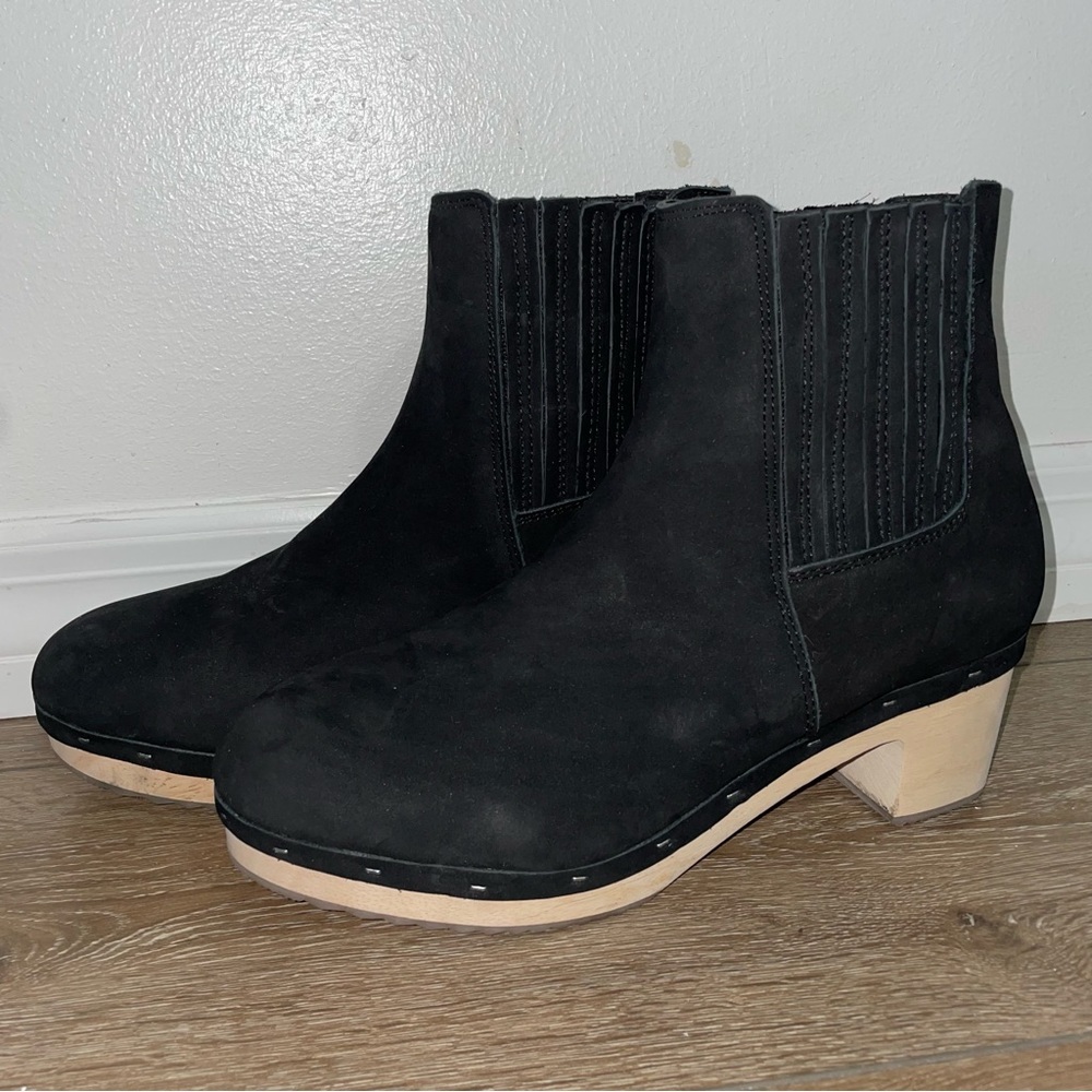 LOFT Black Suede Ankle Boots with Light Wood Heel
